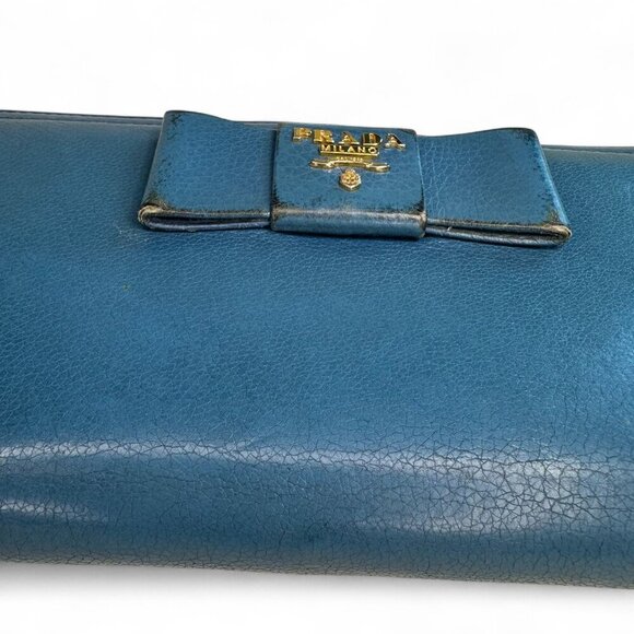 Women's Prada Saffiano Fiocco Leather Long Blue Zippered Ribbon Wallet - Picture 4 of 16